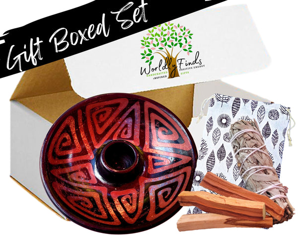 Artisan Palo Santo Sticks Holder Gift Set, Smudge Bowl, Hand-Crafted Chulucanas Peruvian Pottery Bowls for Palo Santo Candle,Incense Burning