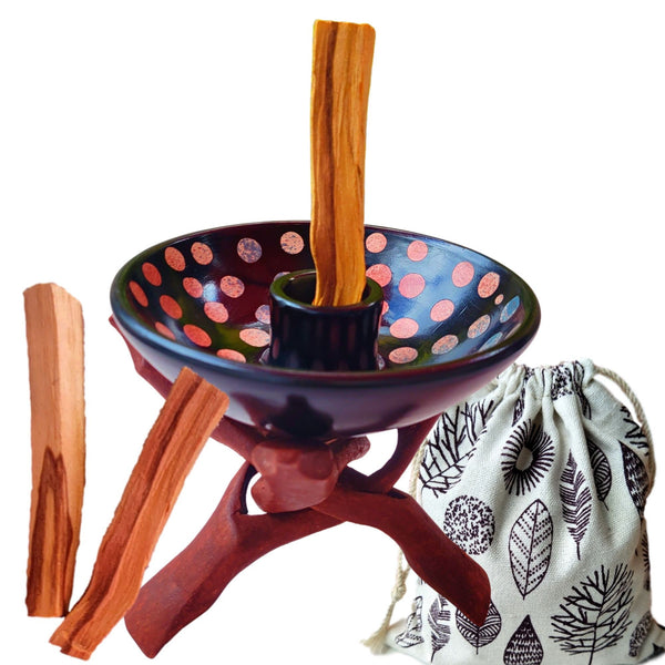 Artisan Palo Santo Sticks Holder w/Stand Gift Set, Smudge Bowl, Hand-Crafted Chulucanas Peruvian Pottery Bowls, Palo Santo, Incense Burning