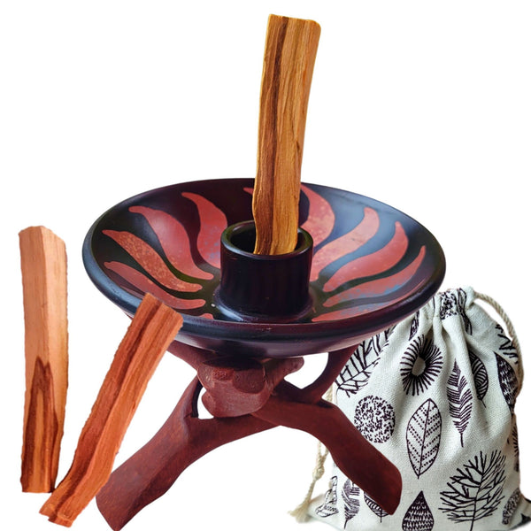 Artisan Palo Santo Sticks Holder w/Stand Gift Set, Smudge Bowl, Hand-Crafted Chulucanas Peruvian Pottery Bowls, Palo Santo, Incense Burning