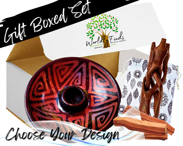 Artisan Palo Santo Sticks Holder w/Stand Gift Set, Smudge Bowl, Hand-Crafted Chulucanas Peruvian Pottery Bowls, Palo Santo, Incense Burning