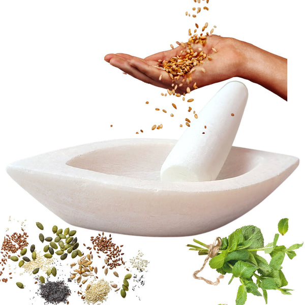 White Marble Mortar and Pestle Set 8" Unpolished Sparkly Natural Stone, Heavy Evil Eye Mortar - Resin, Herb, Spice, Pill Grinder Gift Set