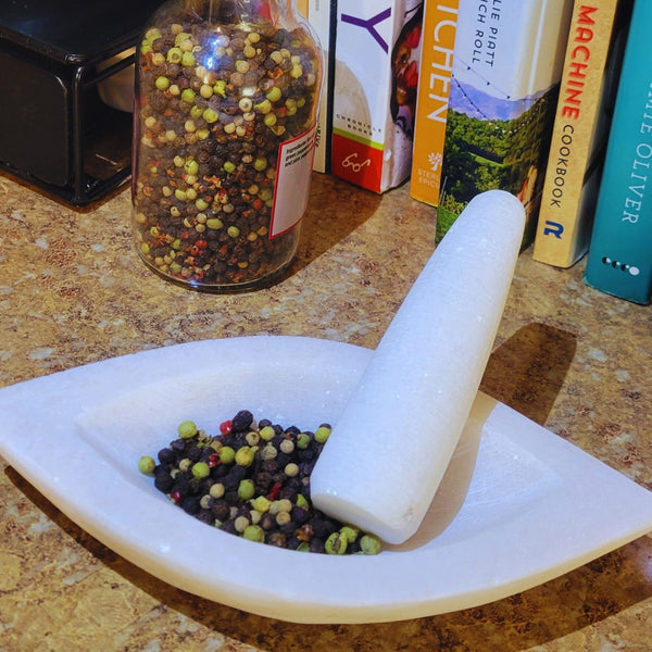 White Marble Mortar and Pestle Set 8" Unpolished Sparkly Natural Stone, Heavy Evil Eye Mortar - Resin, Herb, Spice, Pill Grinder Gift Set