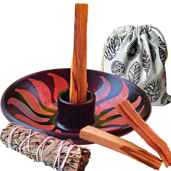 Artisan Palo Santo Sticks Holder Gift Set, Smudge Bowl, Hand-Crafted Chulucanas Peruvian Pottery Bowls for Palo Santo Candle,Incense Burning