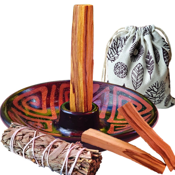 Artisan Palo Santo Sticks Holder Gift Set, Smudge Bowl, Hand-Crafted Chulucanas Peruvian Pottery Bowls for Palo Santo Candle,Incense Burning