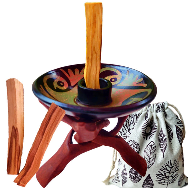 Artisan Palo Santo Sticks Holder w/Stand Gift Set, Smudge Bowl, Hand-Crafted Chulucanas Peruvian Pottery Bowls, Palo Santo, Incense Burning