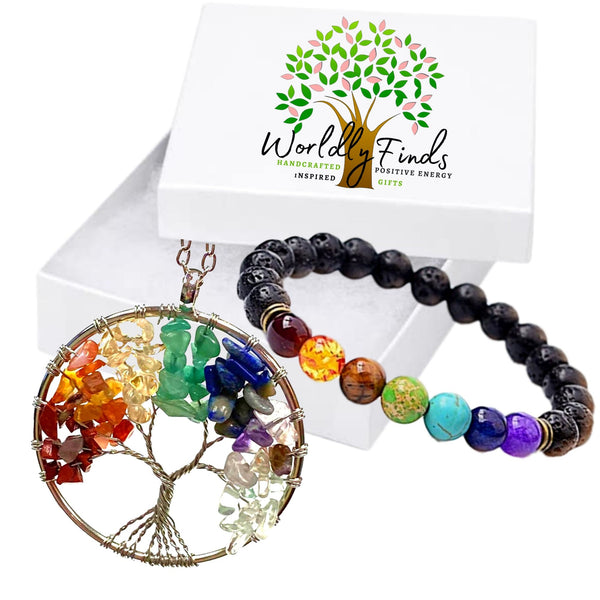 Chakra Tree of Life Necklace w/ Chakra or Palo Santo Bracelet Choice, Hand-Crafted Healing Crystal Pendant Tree Necklace Gift Boxed Set