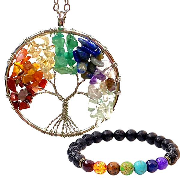 Chakra Tree of Life Necklace w/ Chakra or Palo Santo Bracelet Choice, Hand-Crafted Healing Crystal Pendant Tree Necklace Gift Boxed Set