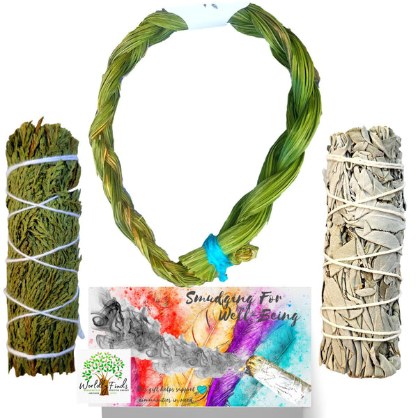 Sweet Grass Braided 12” & Smudging Sticks – Organic White Sage Smudge Bundle, Cedar Smudge Stick, Sweet Grass and Sage, Cleansing, Smudging