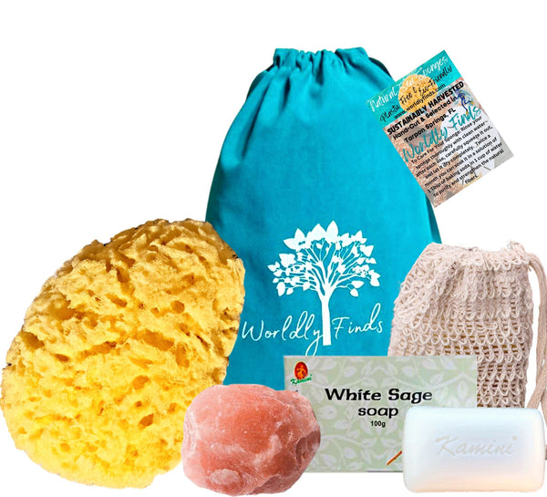 Sea Sponge 5” Natural Bath Sponge Set, Organic, Sustainably Hand-Cut, Large Himalayan Salt Chunk, Soap Saver Bag w/Soap Bar, Zero Waste Set