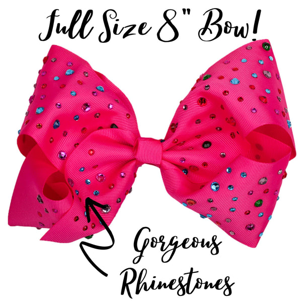 Rhinestone Large 8 Inch Bow, Big Bows For Girls, Jumbo Hair Bow Gift, Pink Hair Bow, Cheer Bows, Hair Bow Accessories (Deep Pink/Rhinestone)